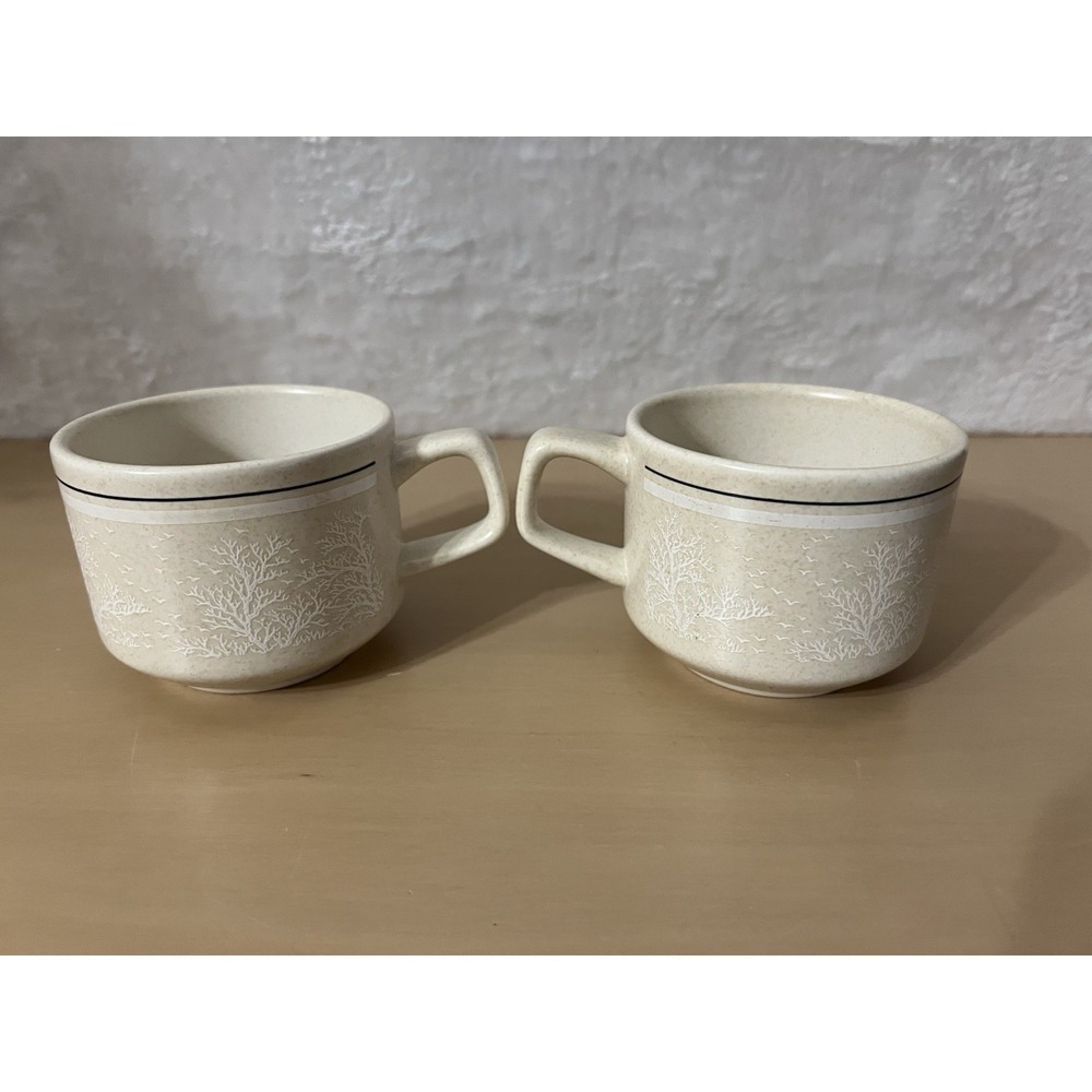 Temper-Ware By Lenox Silhouette Cup‎ Mug Set of 2 Beige Cream Tree Pattern